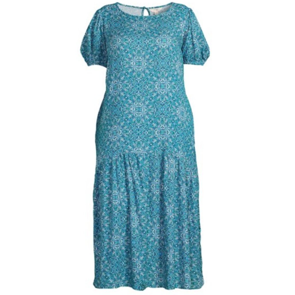 Terra & Sky Blue Floral Vine Print Short Sleeve Maxi Dress Plus Size 14W